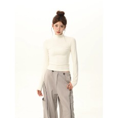 批发美式磨毛半高领长袖T恤女秋冬<b class='q'>修身</b>正肩内搭打底衫短上衣