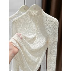 批发复古蕾丝白色<b class='q'>打底衫</b>女修身提花小衫花边领半高领<b class='q'>网纱</b>勾花镂空上衣
