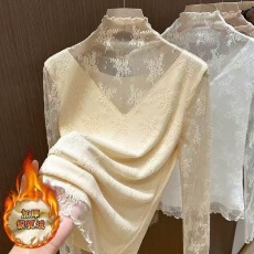 批发半高领蕾丝<b class='q'>打底衫</b>女秋冬季加绒内搭2025新款叠穿镂空气质<b class='q'>网纱</b>上衣