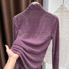 批发洋气漂亮紫色<b class='q'>蕾丝</b>半高领打底衫女秋冬季毛衣叠穿内搭镂空长袖上衣