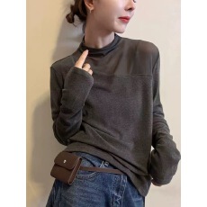 批发网纱拼接长袖T恤女打底衫2025新款今年流行爆款轻奢高级感上衣