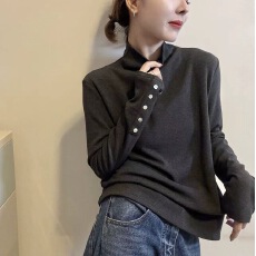 批发加绒打底衫2025新款今年流行爆款长袖t恤女半高领袖子贝壳扣内搭