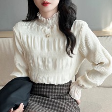 批发加绒秋冬新款蕾丝<b class='q'>雪纺衫女</b>打底衫半高领内搭上衣长袖洋气木耳边