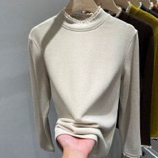 批发<b class='q'>甜美</b>蕾丝花边长袖T恤女2025秋冬新款内搭磨毛德绒打底衫保暖上衣