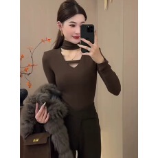 批发2025秋冬新款辣妹风高领挂脖长袖T恤女装镂空显瘦内搭<b class='q'>打底衫</b>上衣