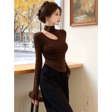 批发2025冬季新款设计感镂空高领长袖T恤女装性感修身显瘦<b class='q'>打底衫</b>上衣