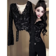 批发韩系V领加绒磨毛长袖蕾丝衫女2025冬季新款修身显瘦百搭打底上衣
