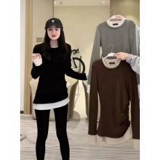 批发假两件拼接撞色磨毛长袖T恤女秋冬收腰显瘦褶皱中<b class='q'>长款</b><b class='q'>打底衫</b>上衣