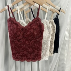 批发M6099微磨毛法式吊带背心内衣女修身蕾丝打底一体固定杯收副乳优