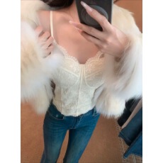 巨好看的蕾丝吊带背心女皮草内搭打底秋冬美背文胸一体带胸垫内衣