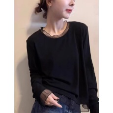 批发网纱花边拼接长袖T恤打底衫女2025秋季新款时尚百搭保暖洋气上衣