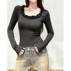批发纯欲辣妹U领<b class='q'>蕾丝</b><b class='q'>打底衫</b>女秋冬内搭绝美巨好看的小上衣长袖T恤