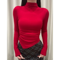 批发纯欲垫肩上衣女秋冬不规则紧身长袖t恤半<b class='q'>高领</b>磨毛加绒打底衫内搭