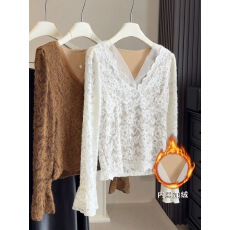 批发气质加绒V领蕾丝衫长袖女2025<b class='q'>新款</b>爆款上衣秋冬款外穿内搭打底衫