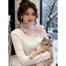 批发蕾丝拼接半高领<b class='q'>长袖</b><b class='q'>T</b><b class='q'>恤</b>女打底衫2025秋冬新款纯欲别致短款上衣