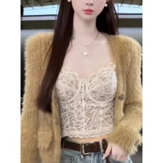 批发蕾丝吊带背心女带胸垫鱼骨胸衣美背皮草内搭<b class='q'>文胸</b>一体<b class='q'>性感</b>辣妹上衣