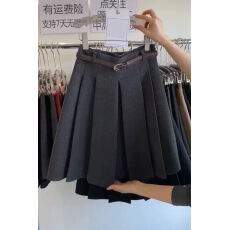 批发韩系百搭毛呢百褶裙半身裙女中裙秋<b class='q'>冬</b>灰色高腰显瘦减龄A字伞裙