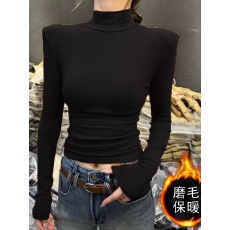 批发半高领磨毛内搭打底衫女秋冬新款<b class='q'>欧美</b>港味垫肩长袖t恤女黑色<b class='q'>上衣</b>