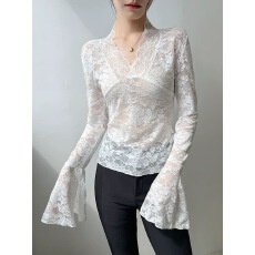 批发黑色蕾丝v领长袖女t恤秋冬外穿内搭打底衫薄款<b class='q'>喇叭袖</b>上衣2025新款