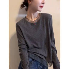 批发假两件蕾丝<b class='q'>网纱</b>拼接长袖T恤女早秋新款设计感圆领内搭打底衫<b class='q'>上衣</b>