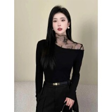 批发小众设计感黑色辣妹风拼接长袖t恤女秋冬新款<b class='q'>网纱</b>内搭打底衫<b class='q'>上衣</b>