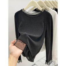 批发秋冬韩版灰色磨毛<b class='q'>加绒</b>设计感蕾丝边圆领长袖T恤女<b class='q'>打底衫</b>内搭上衣