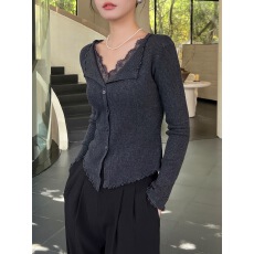 批发深灰色针织开衫<b class='q'>蕾丝</b>拼接<b class='q'>打底衫</b>女2025新款秋冬毛衣小衫上衣高级感