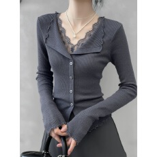 批发复古灰色翻v领毛衣针织<b class='q'>打底衫</b>女内搭甜辣妹<b class='q'>蕾丝</b>拼接长袖上衣秋冬