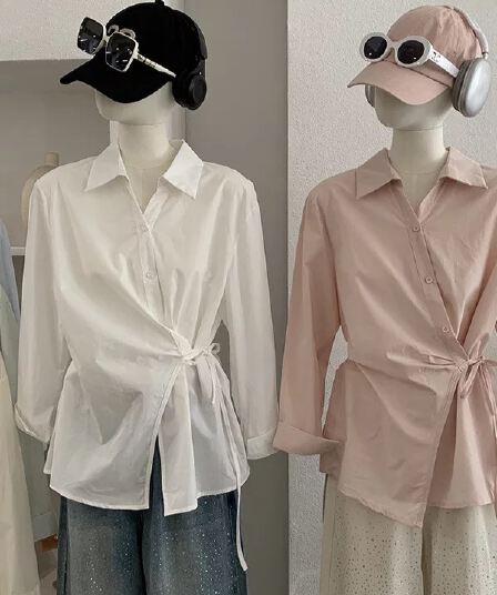 레이스업 허리 수축 슬림해 보이는 긴팔 단색 패션 셔츠 여성 봄 새로운 폴로 칼라 맨위 조류 소녀