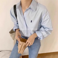 批发2026春秋休闲宽松刺绣蓝色<b class='q'>衬衫女</b>法式极简风纯色百搭小众<b class='q'>长袖</b>衬衣