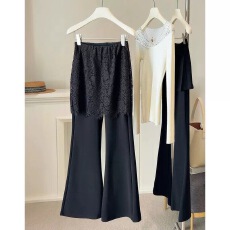 批发韩版时尚假两件蕾丝屁帘弹力<b class='q'>西装</b>微喇裤女2026春新款高腰休闲长裤