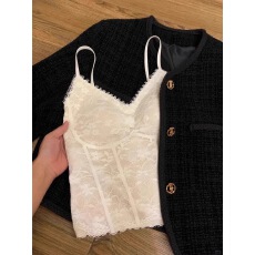 批发白色<b class='q'>蕾丝</b>美背吊带文胸一体背心女带胸垫V领鱼骨上衣抹胸西装内搭