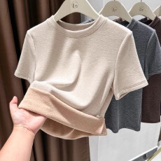 批发磨毛德绒<b class='q'>短袖</b>t恤打底衫女2025秋冬季新款配大衣加厚保暖内搭上衣