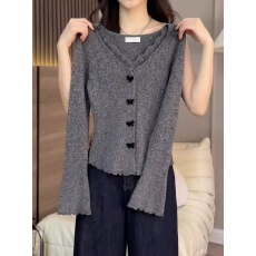 批发2025秋冬灰色木耳边v领长袖<b class='q'>t</b>恤衫女韩系气质显瘦褶皱内搭开衫上衣