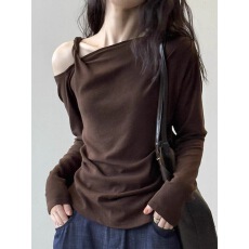 批发早秋韩系穿搭吊带斜肩<b class='q'>长袖</b>t恤女2026新款复古咖色<b class='q'>打底衫</b>上衣内搭