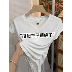 批发设计感白色V领短款<b class='q'>紧身</b>短袖<b class='q'>T</b><b class='q'>恤</b>女夏季韩版收腰褶皱U型下摆上衣潮