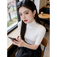 批发纯色极简风半高领五分<b class='q'>袖</b>T恤女2026夏季新款修身显瘦高级感短<b class='q'>上衣</b>