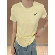 批发韩系蓝色天丝针织正肩短袖T恤<b class='q'>女</b>夏小圆领刺绣<b class='q'>打底衫</b>冰丝薄款上衣