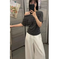 批发十三行2026春夏新款一字肩条纹<b class='q'>蝙蝠</b>袖T恤女露肩褶皱收腰显瘦上衣