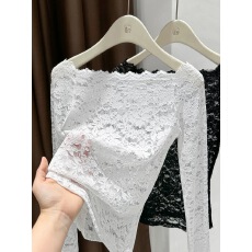 批发绝美一字肩<b class='q'>长袖</b>T恤女2026新款欧货洋气小衫爆款镂空蕾丝纯欲上衣