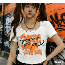 批发2026夏季新款时尚U领短袖T恤字母印花修身显瘦小个子辣妹女<b class='q'>装</b>上衣