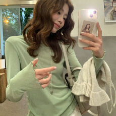 批发韩系温柔风防晒<b class='q'>长袖</b>T恤女春秋穿搭修身显瘦打底衫内搭木耳边上衣