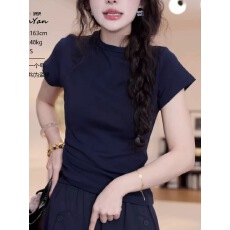 批发半高领正肩短袖t恤女夏季2026新款内搭打底衫<b class='q'>修身</b>法式小飞袖上衣