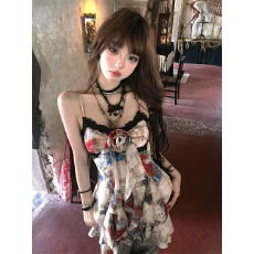 批发油画艺术印花甜酷辣妹吊带<b class='q'>背心裙</b>女夏季复古设计感不规则<b class='q'>蕾丝</b>上衣