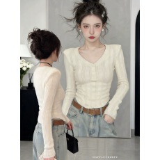 批发长袖V领毛针织衫女2025冬季新款套头修身显瘦气质氛围感穿搭上衣