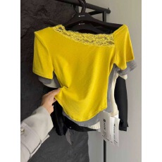 2026新款韩版时尚斜领露肩蕾丝拼接修身显瘦百搭减龄短袖T恤女