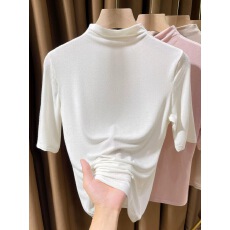 批发白色莫代尔半高领短袖t恤女夏季超弹皮肤衣薄款中袖内搭打底衫女