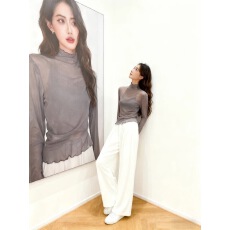 批发木耳边半高领亮片网纱<b class='q'>打底衫</b>女秋透视蕾丝小衫灰色内搭亮晶晶上衣