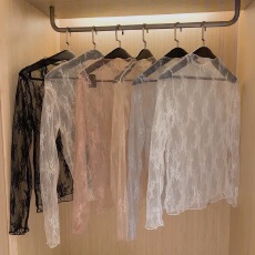 批发韩国东大门冬季新款叠叠乐半高领网纱蕾丝长袖透透感气质<b class='q'>打底衫</b>女