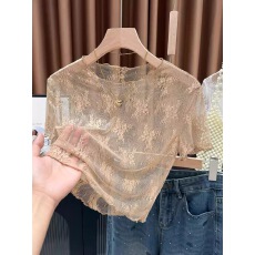 批发木耳边镂空蕾丝短袖T恤女吊带<b class='q'>裙</b>内搭防走光半件短款冰丝<b class='q'>网纱</b>上衣